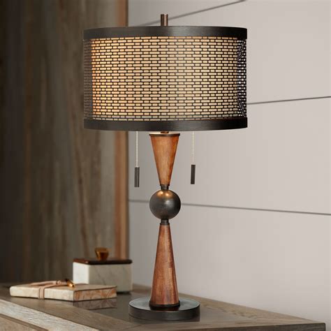 metal lattice shade with fabric inside and metal bronze base|Wood Arch Farmhouse Table Lamp with Fabric Shade .